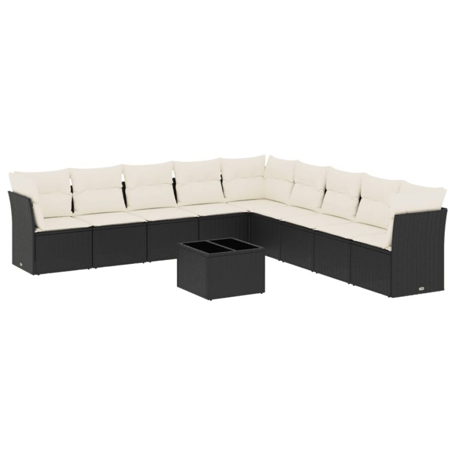 10-delige Loungeset met kussens poly rattan zwart - Afbeelding 2