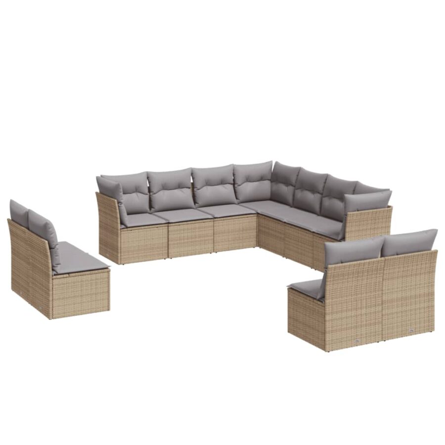 11-delige Tuinset met kussens poly rattan beige - Afbeelding 2