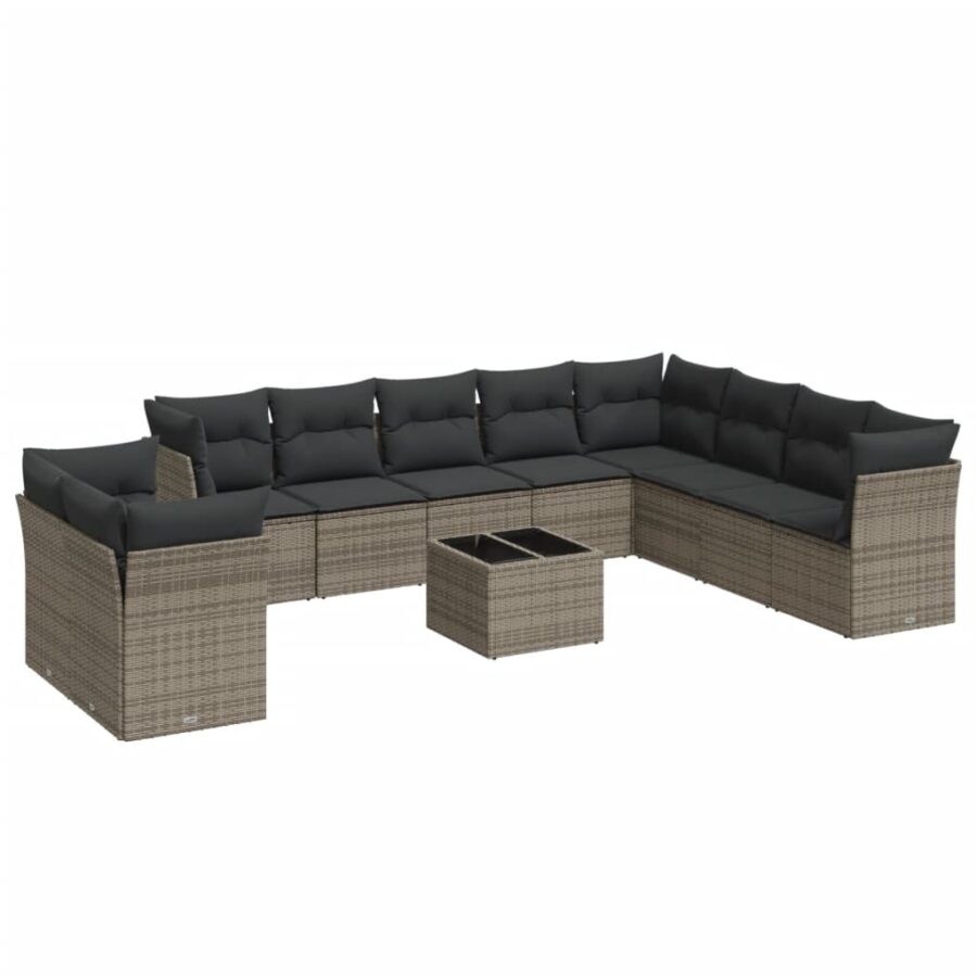 11-delige Loungeset met kussens poly rattan grijs - Afbeelding 2