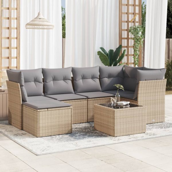 7-delige Loungeset met kussens poly rattan beige