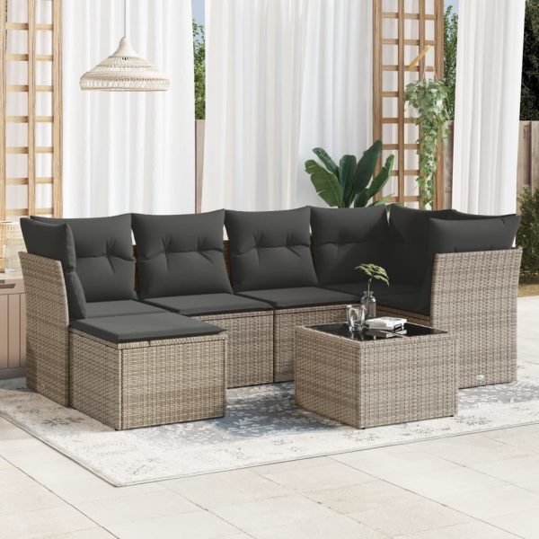 7-delige Loungeset met kussens poly rattan grijs
