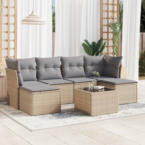 7-delige Loungeset met kussens poly rattan beige