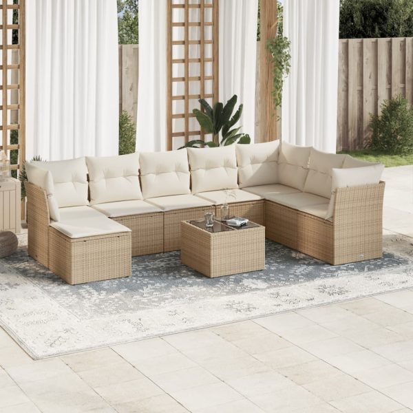 9-delige Loungeset met kussens poly rattan beige