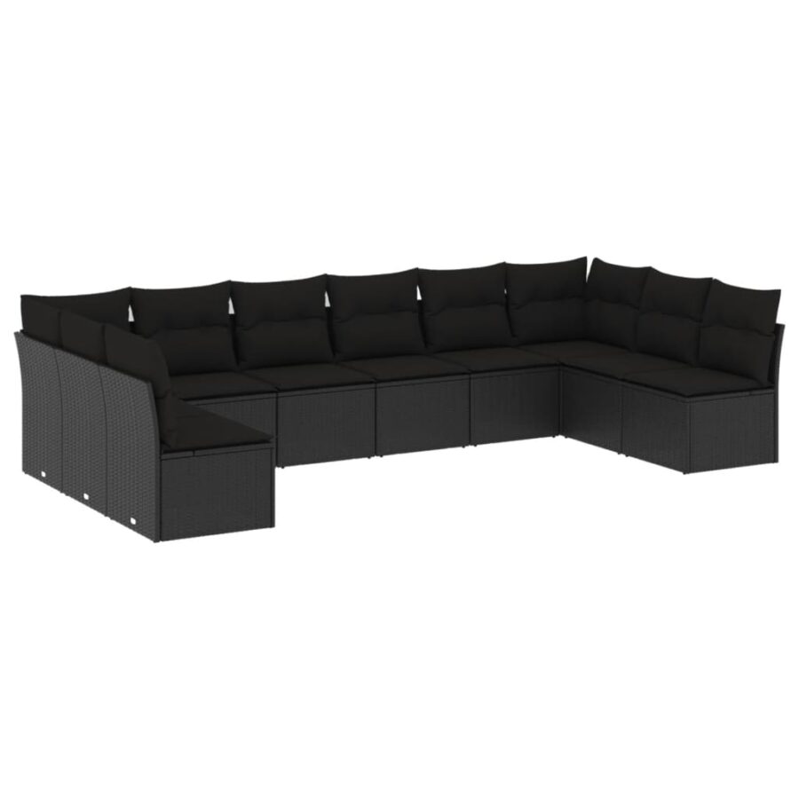 10-delige Loungeset met kussens poly rattan zwart - Afbeelding 2
