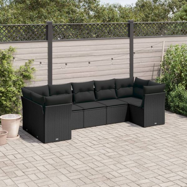 7-delige Loungeset met kussens poly rattan zwart