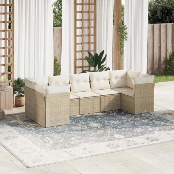 7-delige Loungeset met kussens poly rattan beige