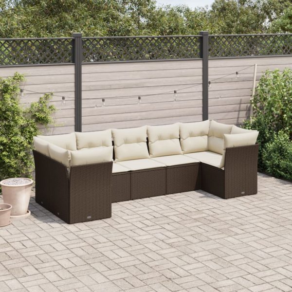 7-delige Loungeset met kussens poly rattan bruin