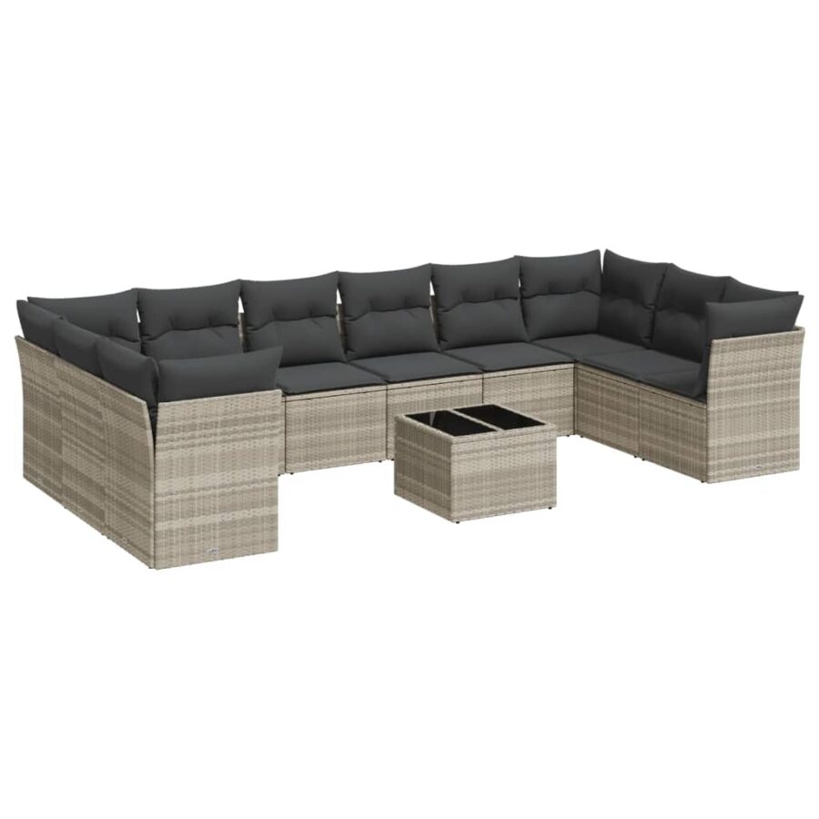 11-delige Loungeset met kussens poly rattan lichtgrijs - Afbeelding 2