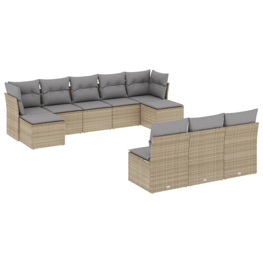 10-delige Loungeset met kussens poly rattan beige - Afbeelding 2