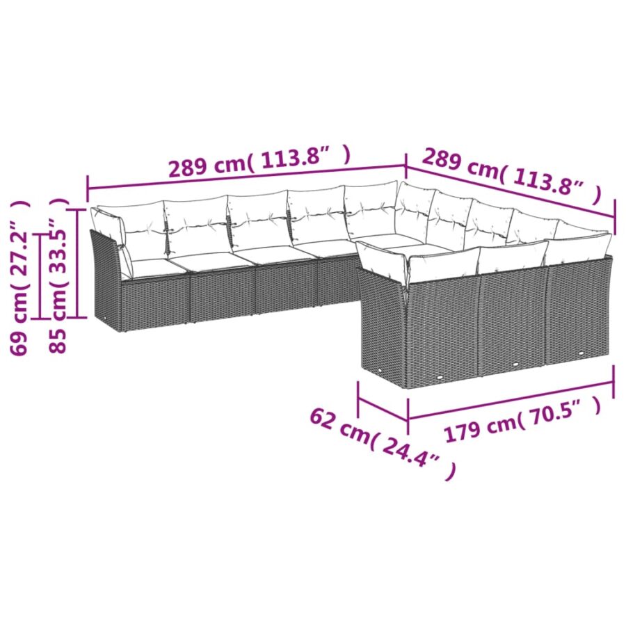 11-delige Loungeset met kussens poly rattan lichtgrijs - Afbeelding 3