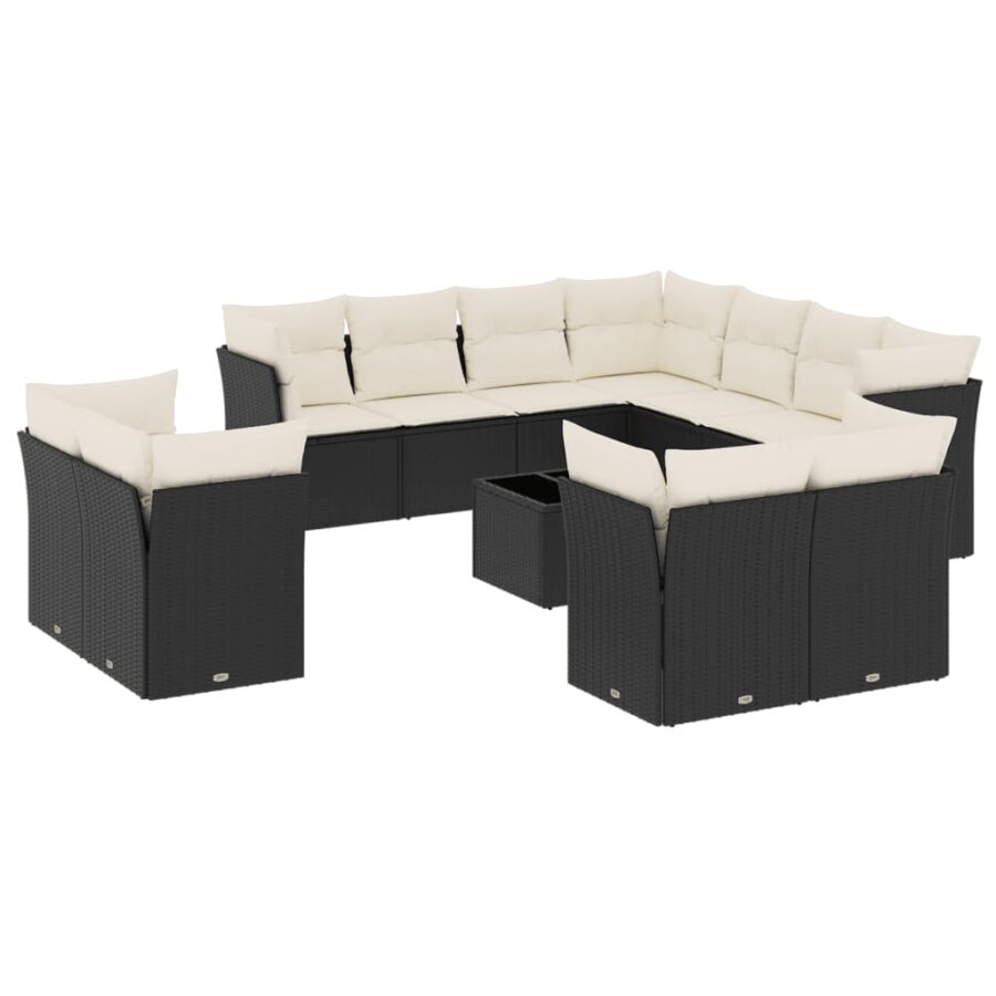 12-delige Loungeset met kussens poly rattan zwart - Afbeelding 2