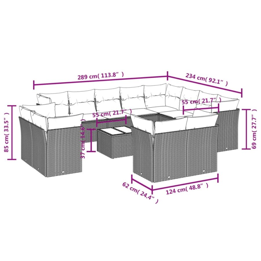 13-delige Loungeset met kussens poly rattan beige - Afbeelding 3