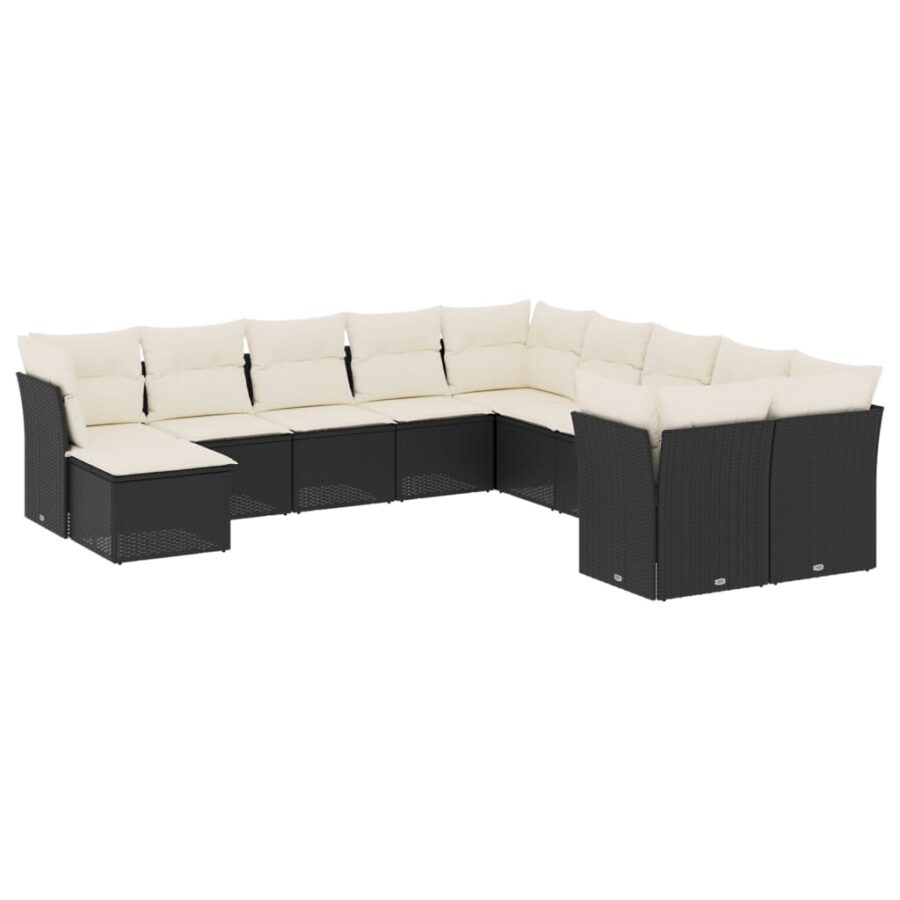 11-delige Loungeset met kussens poly rattan zwart - Afbeelding 2