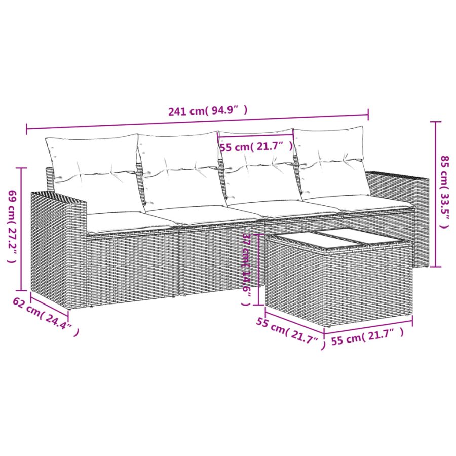 5-delige Loungeset met kussens poly rattan zwart - Afbeelding 3