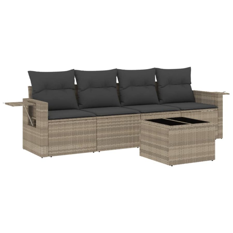 5-delige Loungeset met kussens poly rattan lichtgrijs - Afbeelding 2