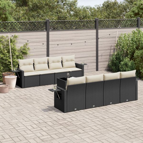 9-delige Loungeset met kussens poly rattan zwart