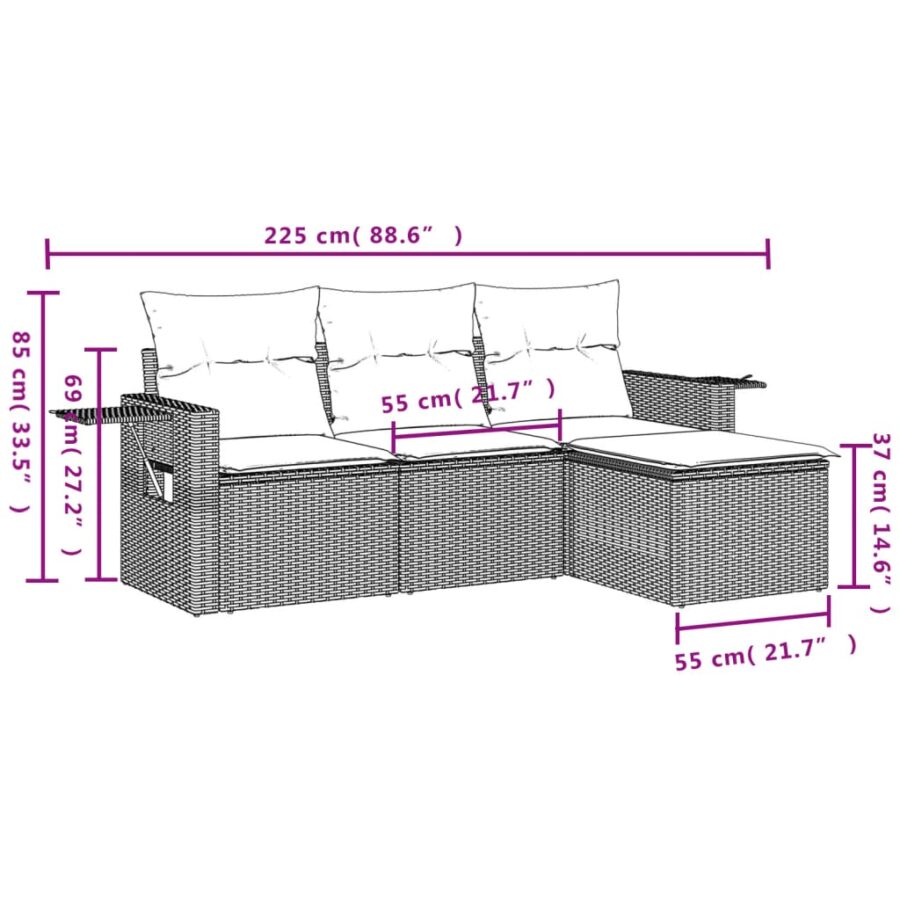4-delige Loungeset met kussens poly rattan bruin - Afbeelding 8