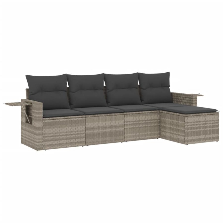 5-delige Loungeset met kussens poly rattan lichtgrijs - Afbeelding 2