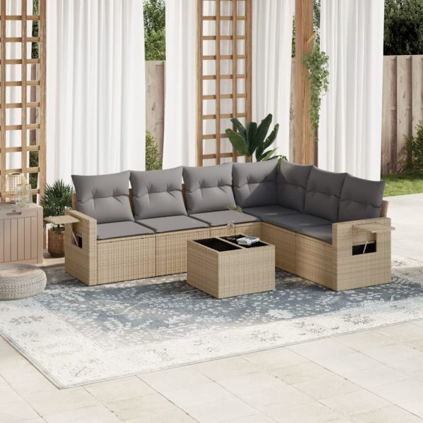 7-delige Loungeset met kussens poly rattan beige