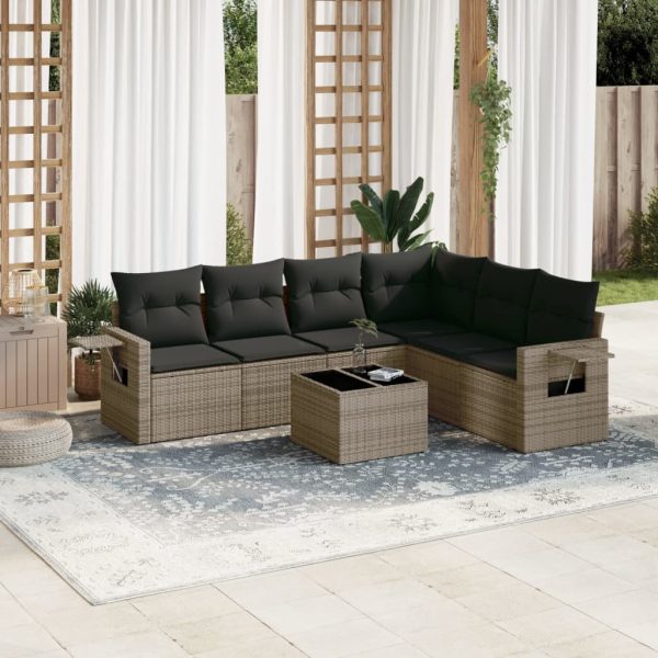 7-delige Loungeset met kussens poly rattan grijs