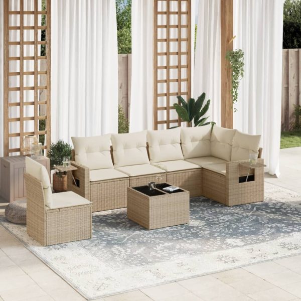 7-delige Loungeset met kussens poly rattan beige