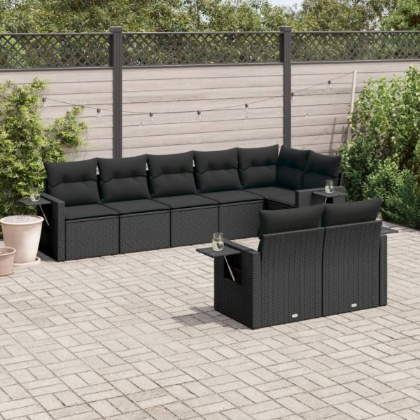 8-delige Loungeset met kussens poly rattan zwart