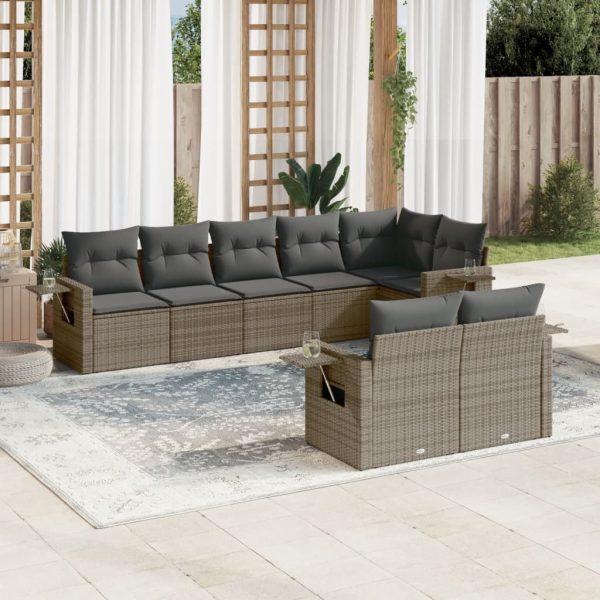 8-delige Loungeset met kussens poly rattan grijs