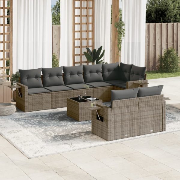 9-delige Loungeset met kussens poly rattan grijs