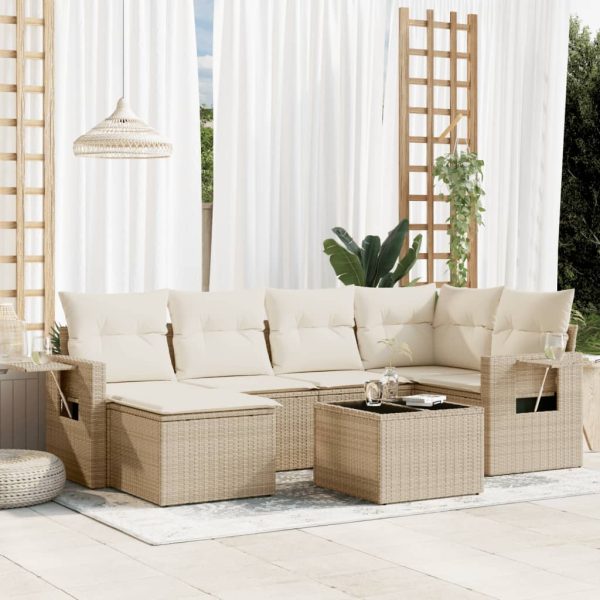 7-delige Loungeset met kussens poly rattan beige