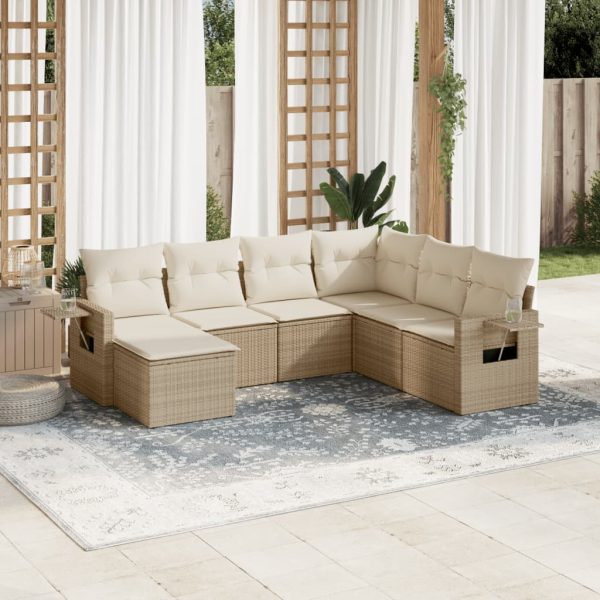 7-delige Loungeset met kussens poly rattan beige