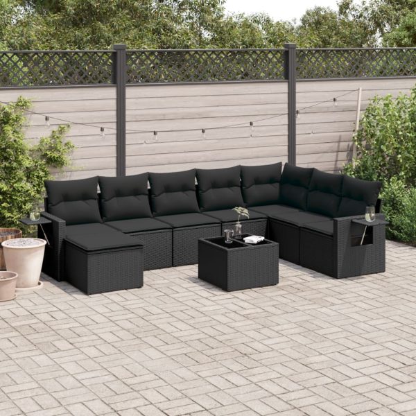 9-delige Loungeset met kussens poly rattan zwart