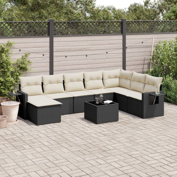 9-delige Loungeset met kussens poly rattan zwart