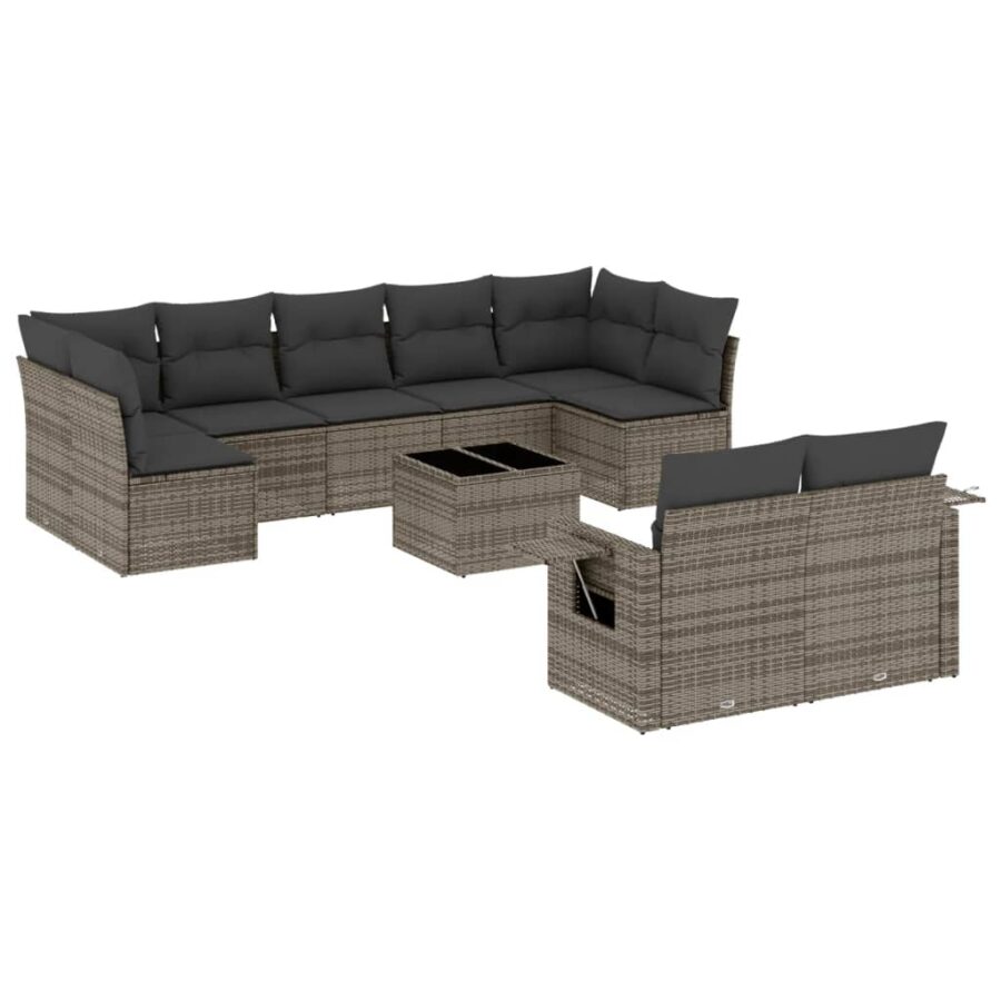 10-delige Loungeset met kussens poly rattan grijs - Afbeelding 2
