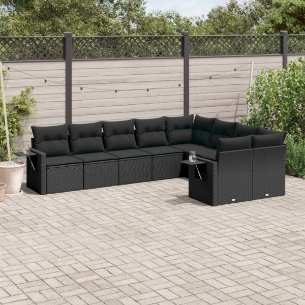 9-delige Loungeset met kussens poly rattan zwart