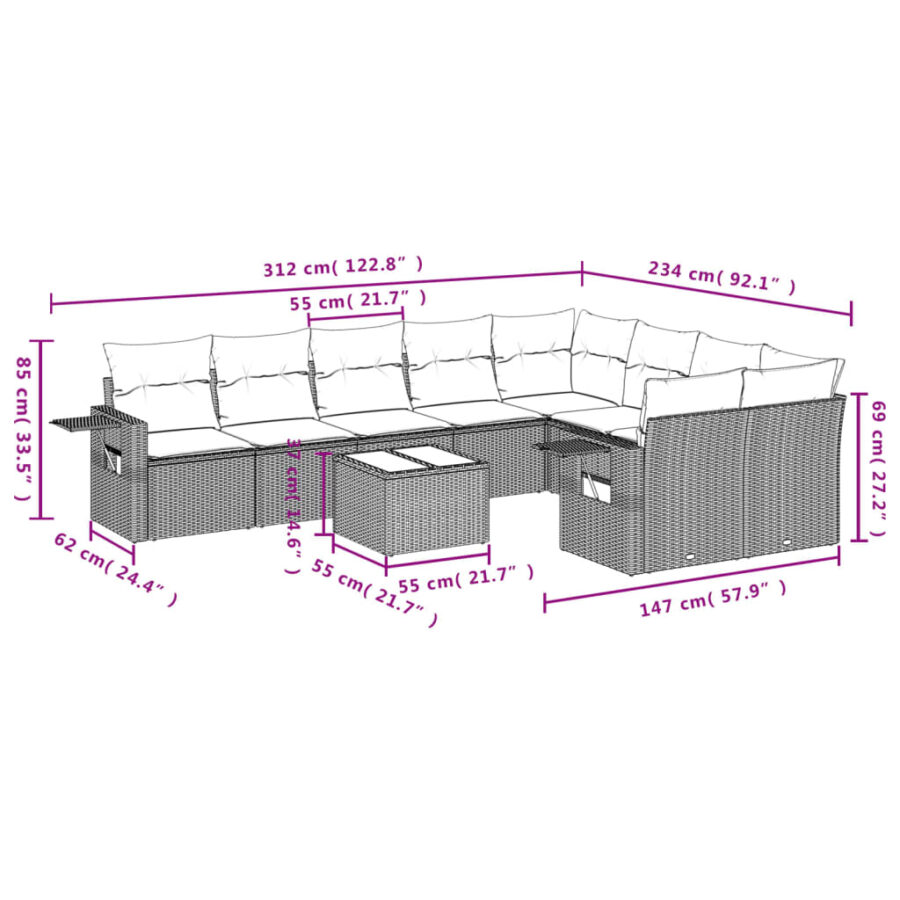 10-delige Loungeset met kussens poly rattan grijs - Afbeelding 8