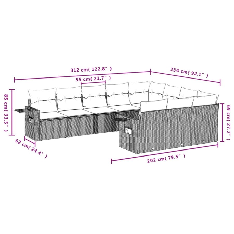 10-delige Loungeset met kussens poly rattan lichtgrijs - Afbeelding 9