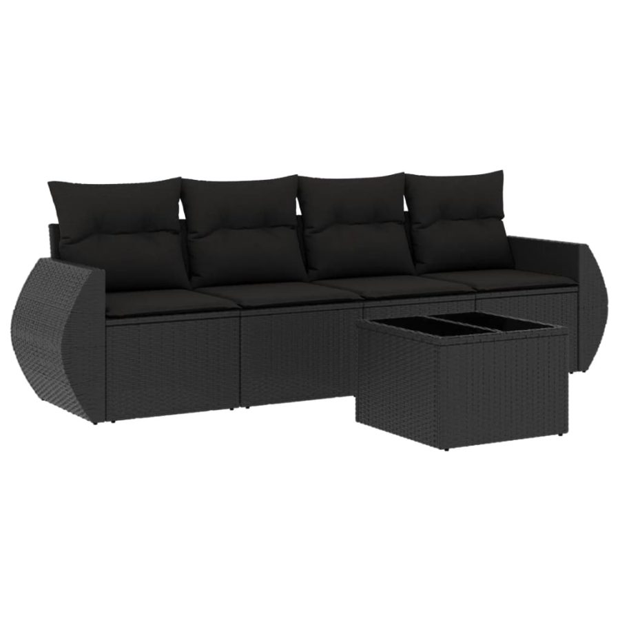 5-delige Loungeset met kussens poly rattan zwart - Afbeelding 2
