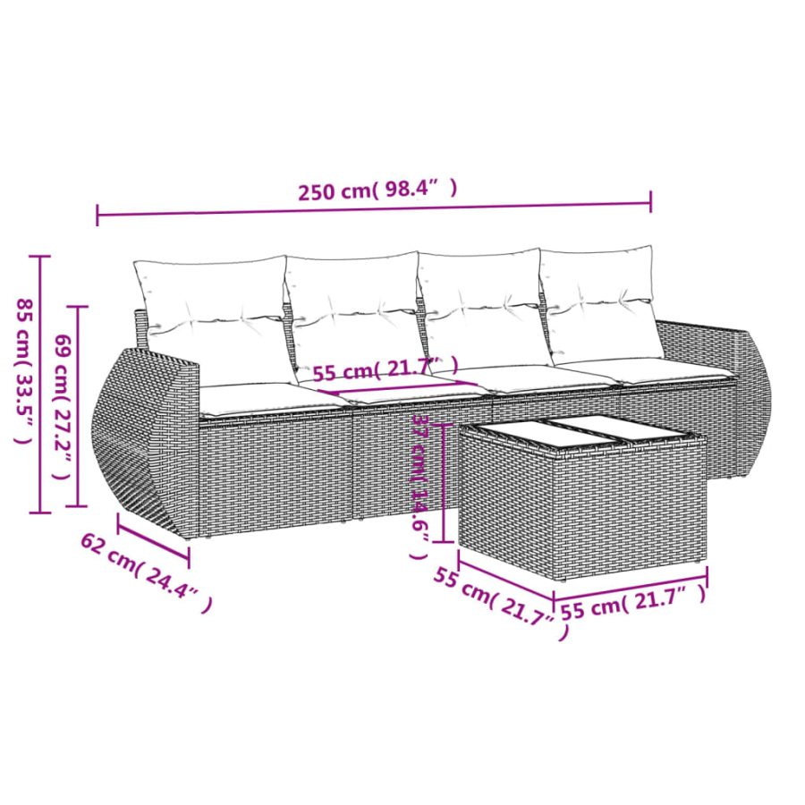 5-delige Loungeset met kussens poly rattan zwart - Afbeelding 3