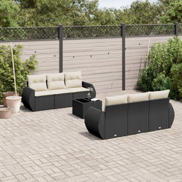 7-delige Loungeset met kussens poly rattan zwart