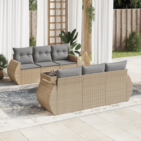 7-delige Loungeset met kussens poly rattan beige