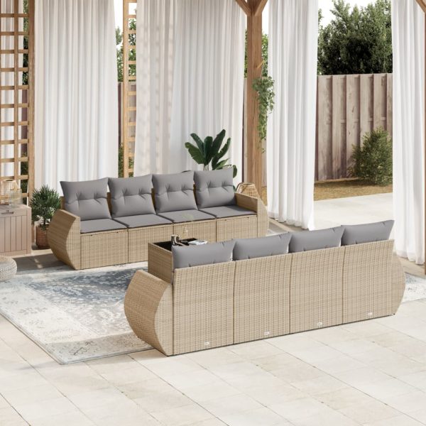 9-delige Loungeset met kussens poly rattan beige