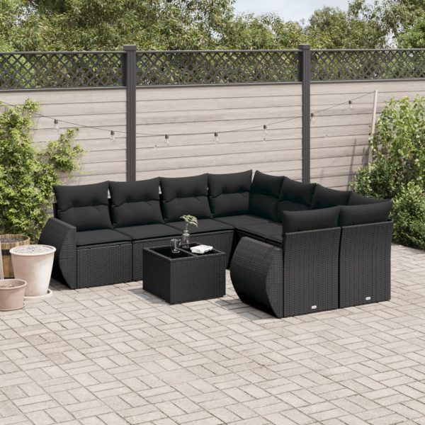 9-delige Loungeset met kussens poly rattan zwart