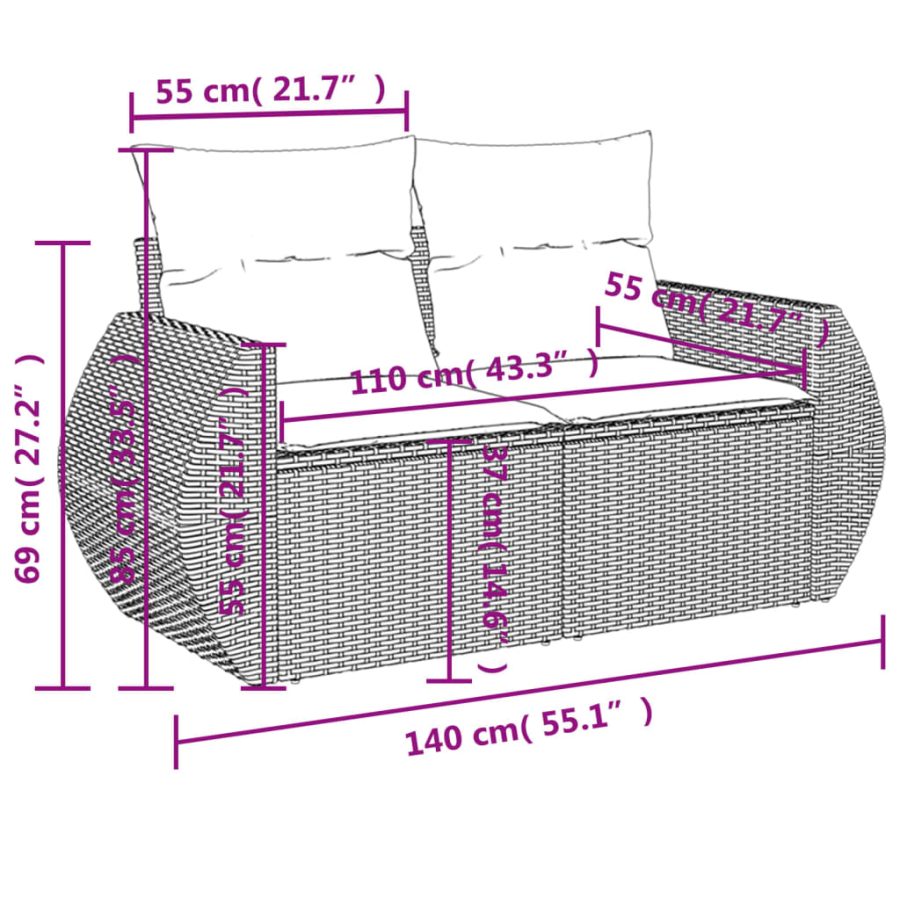 5-delige Loungeset met kussens poly rattan zwart - Afbeelding 8