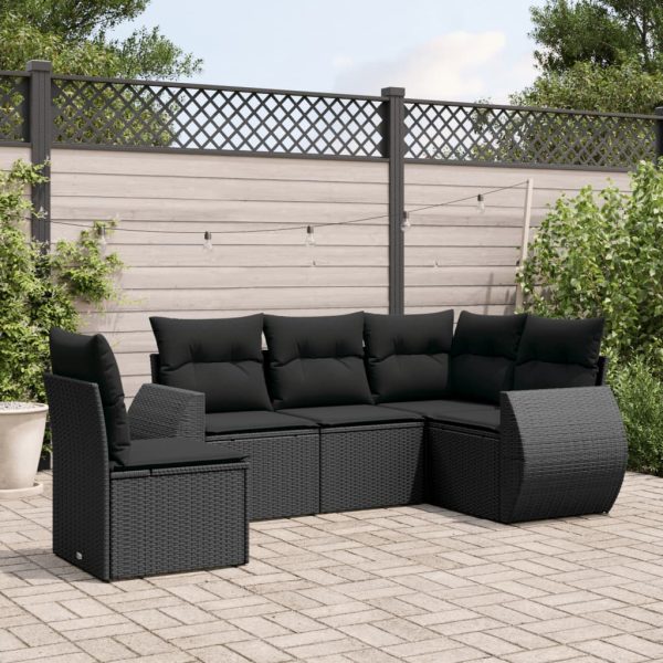 5-delige Loungeset met kussens poly rattan zwart