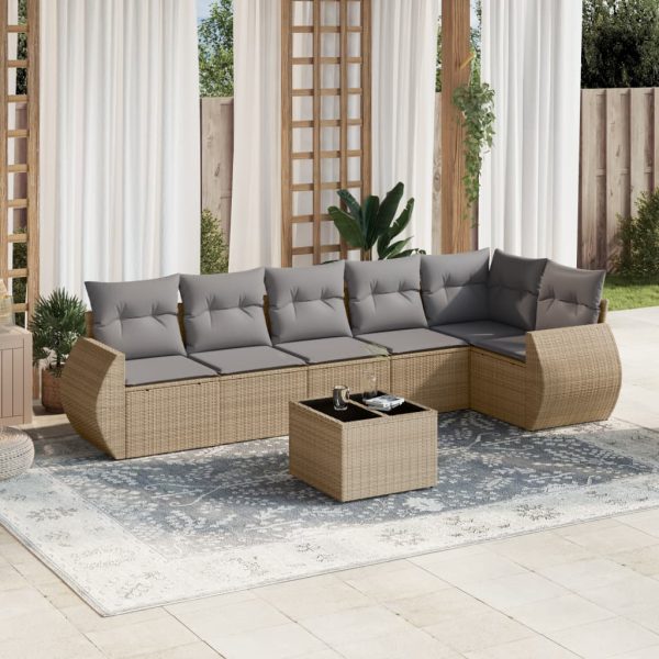 7-delige Loungeset met kussens poly rattan beige
