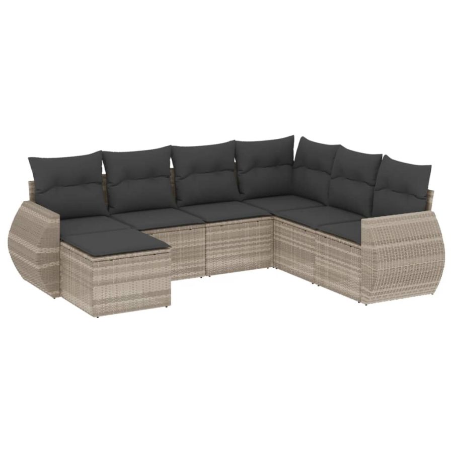 7-delige Loungeset met kussens poly rattan lichtgrijs - Afbeelding 2