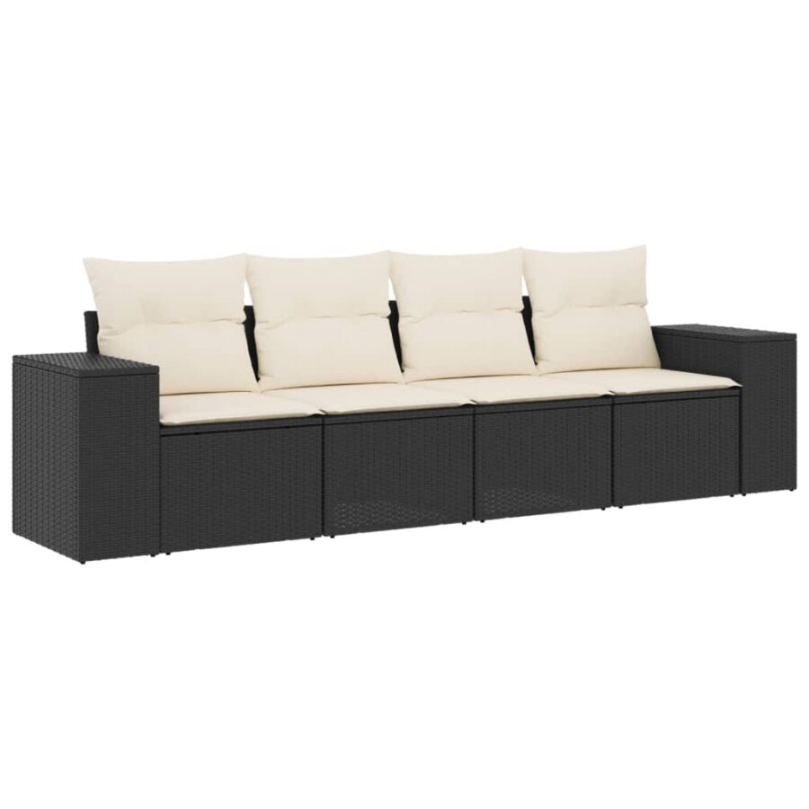 4-delige Loungeset met kussens poly rattan zwart - Afbeelding 2