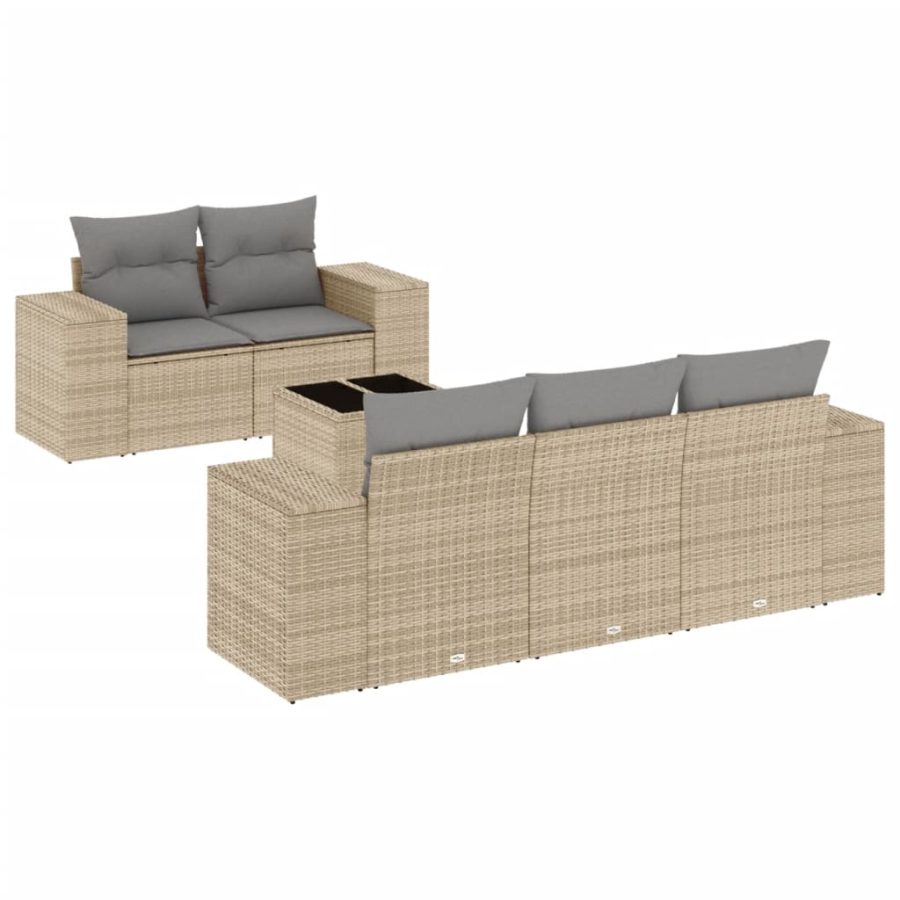 6-delige Loungeset met kussens poly rattan beige - Afbeelding 2