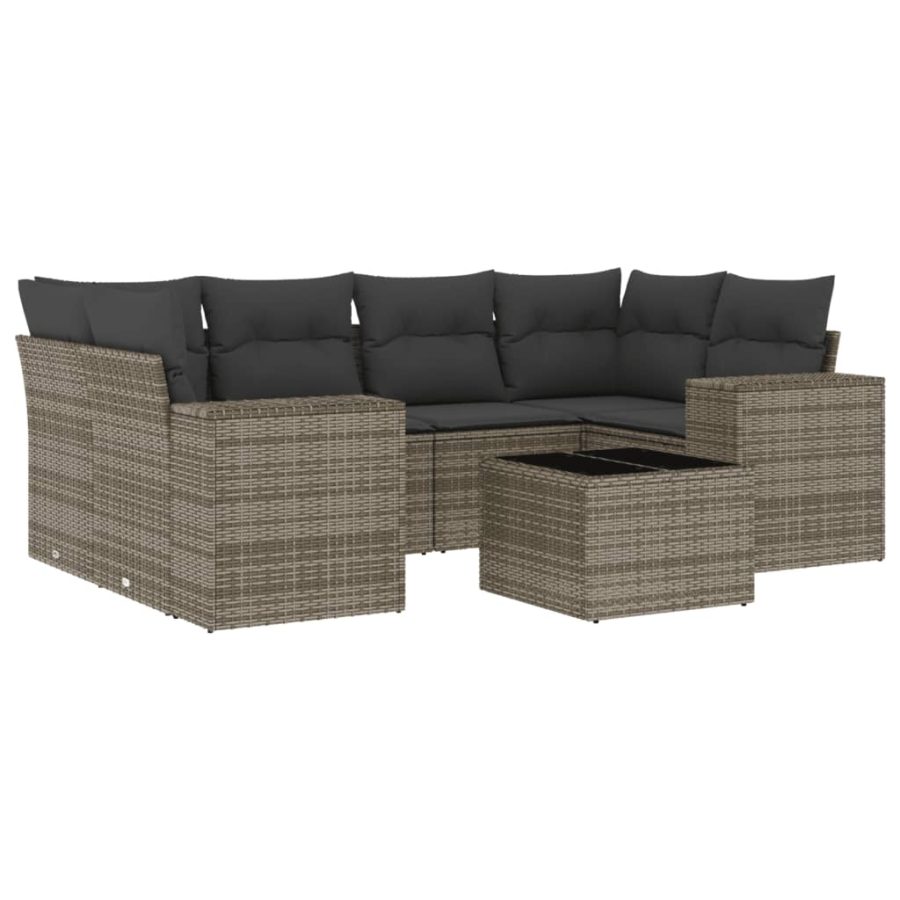 7-delige Loungeset met kussens poly rattan grijs - Afbeelding 2