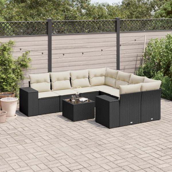 9-delige Loungeset met kussens poly rattan zwart